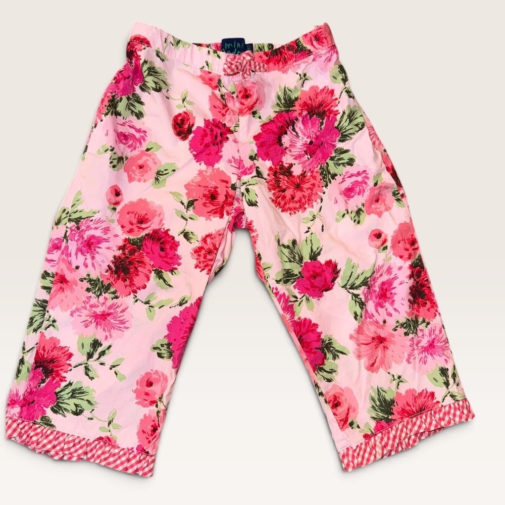 Mini Boden Girls Pink Floral Crop Pants Gingham Ruffle Hem Size 5-6Y 6